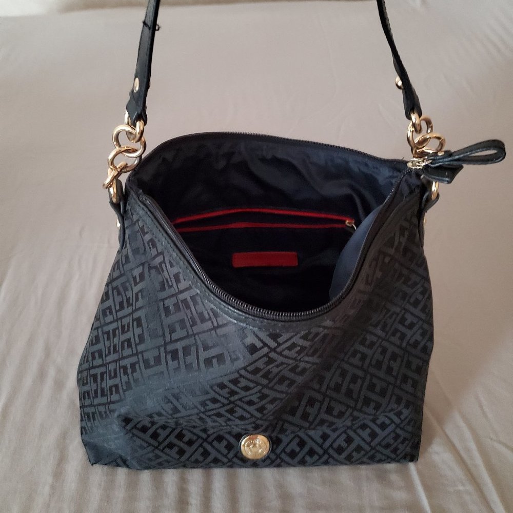 Tommy Hilfiger Black Signature Gold Tone Handbag Monogram Purse allover Logo